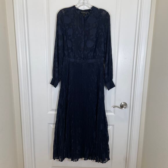 Club Monaco Pleated Jacquard Shirt Dress Navy Blue Midi Sheer Long Sleeve 8 - Picture 3 of 8